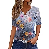 Short Sleeve Tops for Women Shirt Tee Print Button Daily Weekend Basic V- Neck Regular Top