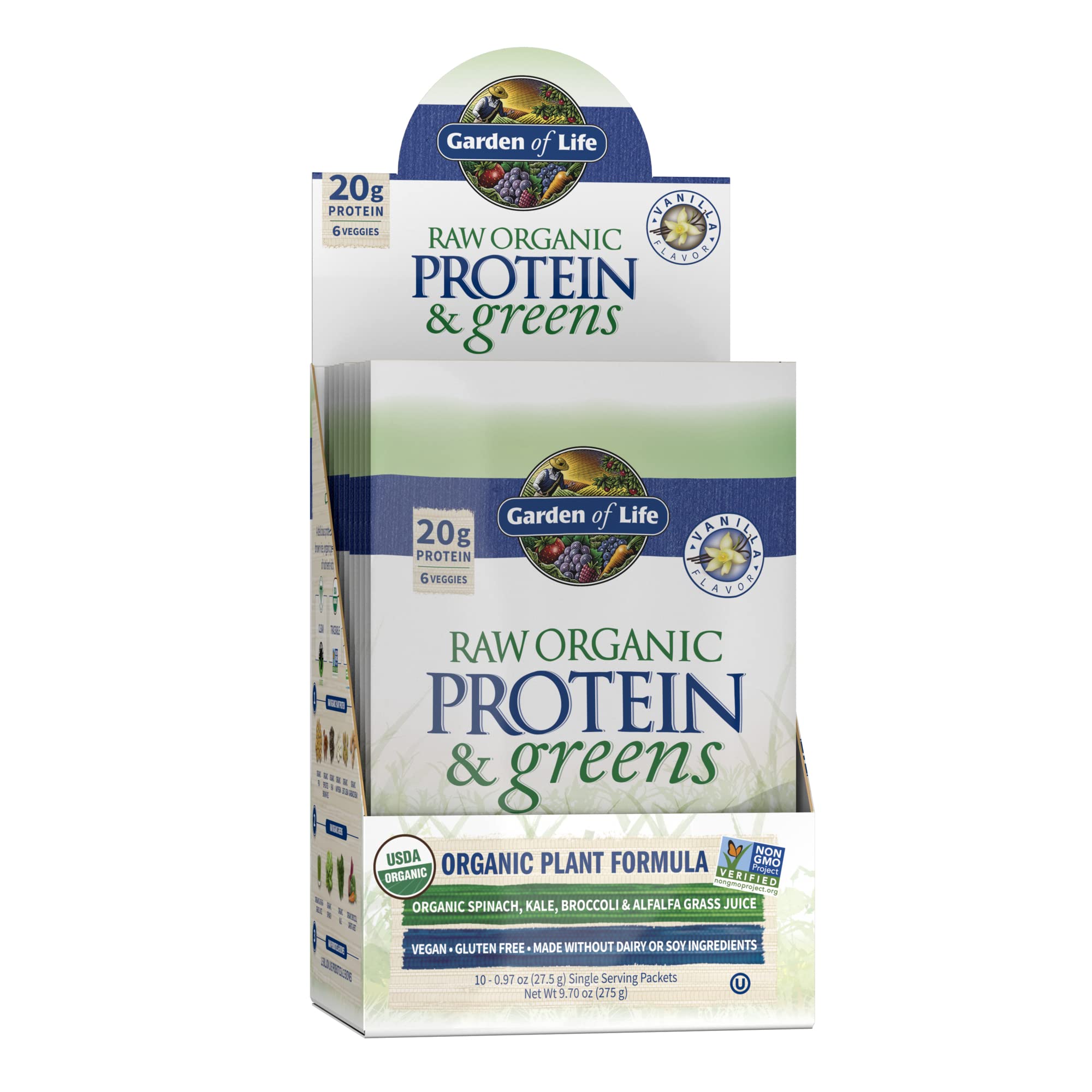 Garden of Life Raw Organic Protein & Greens Vanilla - Vegan Protein Powder for Women and Men, Plant and Pea Proteins, Greens & Probiotics - Gluten Free Low Carb Shake Made Without Dairy, 10ct Tray