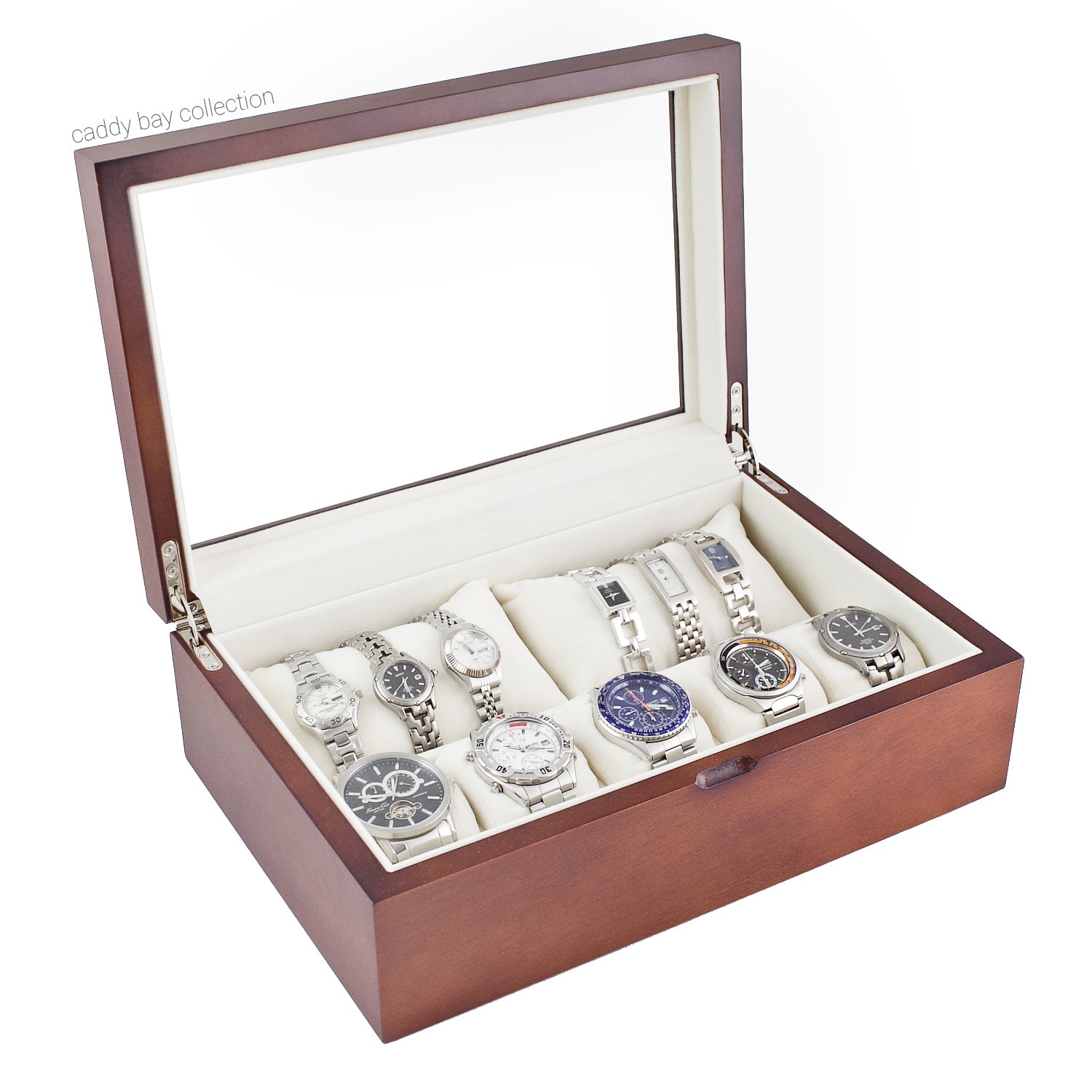 Caddy Bay Collection Vintage Wood Watch Case Holds 10+ Watches with Glass Top Lid and High for Large Watches