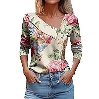 Women's Flannel Shirts Long Sleeve Casual Fashion Printed Lapel V Neck Button Pullover Top Work Blouses, S-3XL
