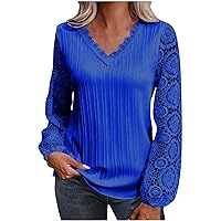 Overstock Deals Women Lace Hollow Sleeve Shirts V Neck Long Sleeves Blouses Dressy Casual Tops Trendy Tunic Elegant T-Shirt Top Bubble Sleeve Tops For Women