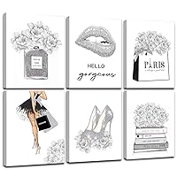 Glam Gray Fashion Wall Decor, FRAMED Woman Makeup Room Wall Art, Fashion Silver Girly Beauty Room Picture Wall Decor for Office Bedroom Bathroom, Watercolor Perfume Handbags High Heels Lipstick Wall Paintings, Ready to Hang (Set of 6, 8x10 in, Framed)