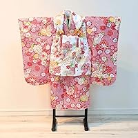 Girl Shichi-Go-San 3 Years Old Cloth Kimono Set, Red, White, Squeeze Pattern