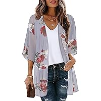 Chunoy Women Summer Lightweight Loose Short Sleeve Floral Print Sheer Chiffon Kimono Cover Up Open Front Blouse Top Grey X-Large