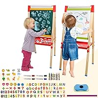 Easel for Kids Double-Sided Kids Easel with Paper Roll Wooden Art Easel Whiteboard & Chalkboard Adjustable Standing Toddler Easel with Accessories Gift for Boys and Girls