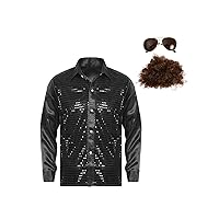 FEESHOW Men Sparkly Sequin Disco Party Shirts Dress Shirt Button Down Shirts Cocktail Party T-Shirts Outfit