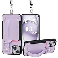 TOOVREN Wallet Case for iPhone 15 Case Compatible with iPhone 15 Wallet Case with Lanyard Card Holder Leather Case Detachable Fits iPhone 15 Case with Strap Stand for Women & Men 6.1 Inch Purple