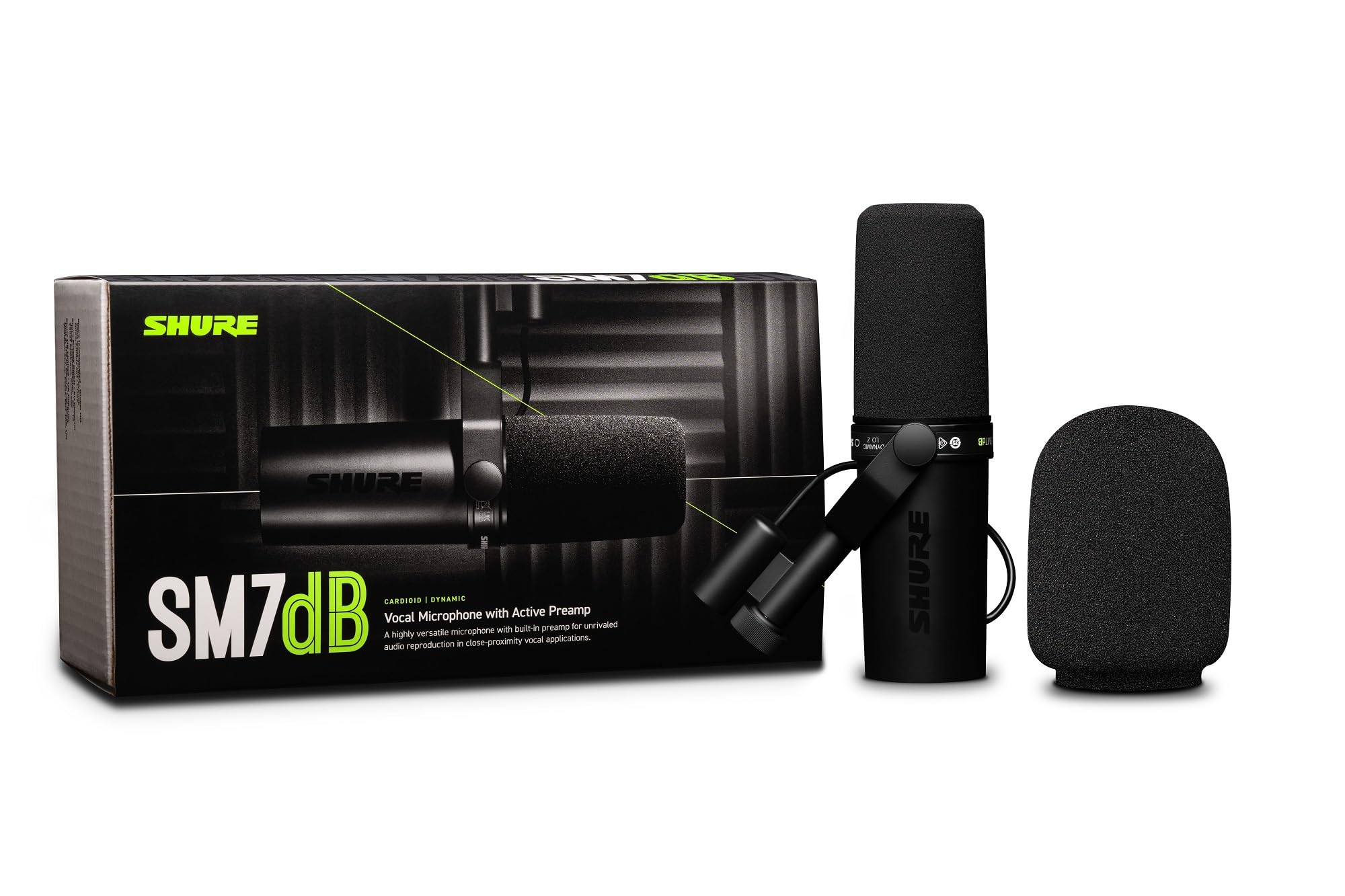 Shure SM7dB Dynamic Vocal Microphone w/Built-in Preamp for Streaming, Podcast, & Recording, Wide-Range Frequency, Warm & Smooth Sound, Rugged Construction, Detachable Windscreen - Black