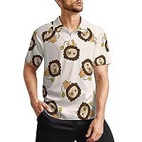 Cartoon Lion Animal Men's Zippered Polo Shirt Casual Slim Fit Short Sleeve Golf T Shirts