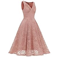Womens Vintage Lace Prom Dress Midi Sleeveless A Line Swing Cocktail Dress Retro V Neck Formal Evening Party Dresses