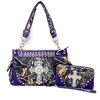 Premium Rhinestone Camouflage Cross Leather Women's Handbag Purse Messenger Bag Wallet 3 Piece Set Collection Multi-Color