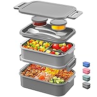DaCool Adults Lunchbox Bento Box - 74 OZ All-in-One Stackable Lunch Box for Adults Men Women Teens Leakproof Bento Large Lunch Box Containers with Fork Spoon Sauce Box for Dining Out Work School,Grey