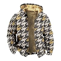 Mens Coats Winter Plaid Print Zipper Hooded Warm Windbreaker Jackets Heated Casual Hoodie