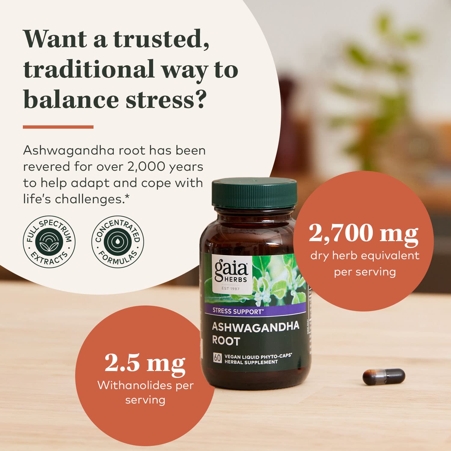 Gaia Herbs Ashwagandha Root - Made with Organic Ashwagandha Root to Help Support a Healthy Response to Stress, The Immune System, and Restful Sleep - 120 Vegan Liquid Phyto-Capsules (60-Day Supply)