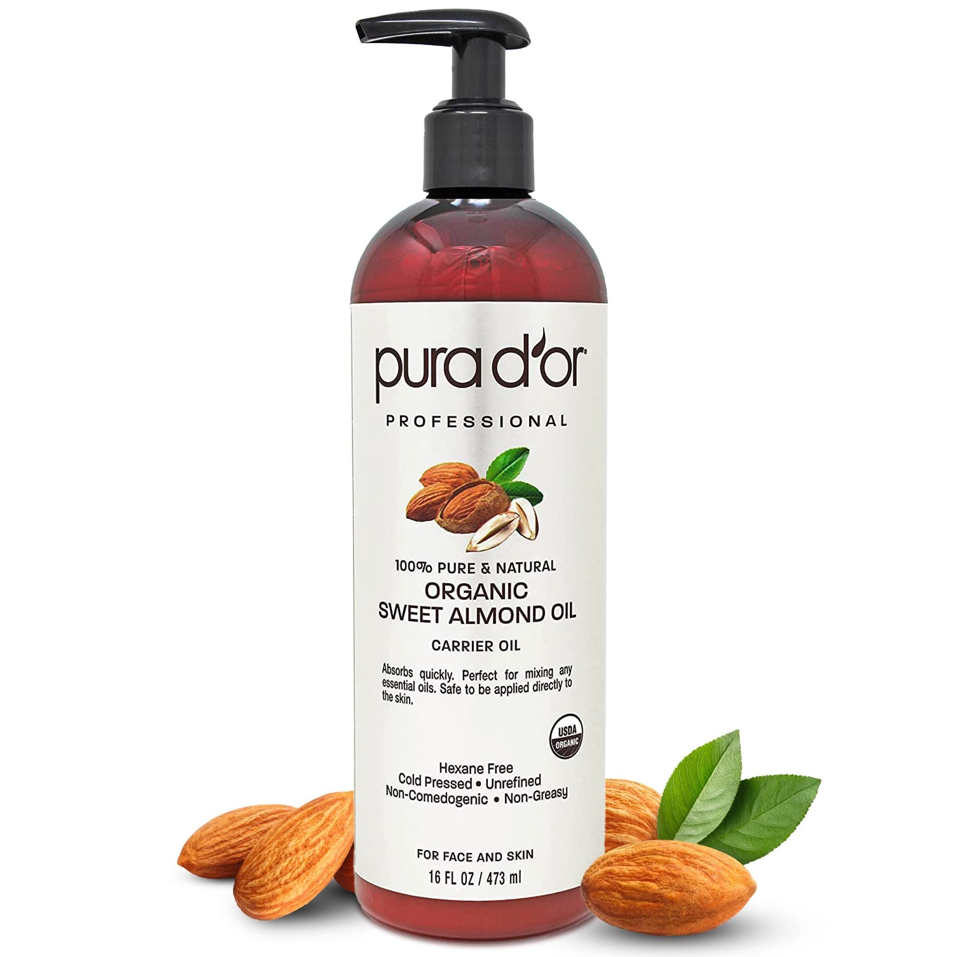 PURA D'OR Organic Sweet Almond Oil (16oz) USDA Certified 100% Pure & Natural Carrier Oil - Hexane Free - Skin & Face - Facial Polish, Full Body, Massages, DIY Base (Packaging may vary)