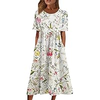 Womens Summer Dresses Crew-Neck Hanky Hem Short Sleeve Maxi Trendy Elegant Smocked Sundresses for Women 2024 Trendy