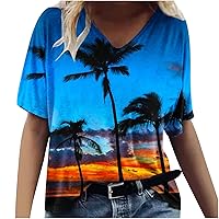 Amazon Clearance Warehouse Deals Women V Neck Tshirt Oversized Beach Palm Printing Tops Casual Trendy Workout Shirts 2024 Loose Fit Tunic Blouses Textured Beach Tank Top
