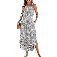 Halife Womens Summer Dresses Casual Loose Halter Long Sundress Sleeveless Split Maxi Beach Dress with Pockets