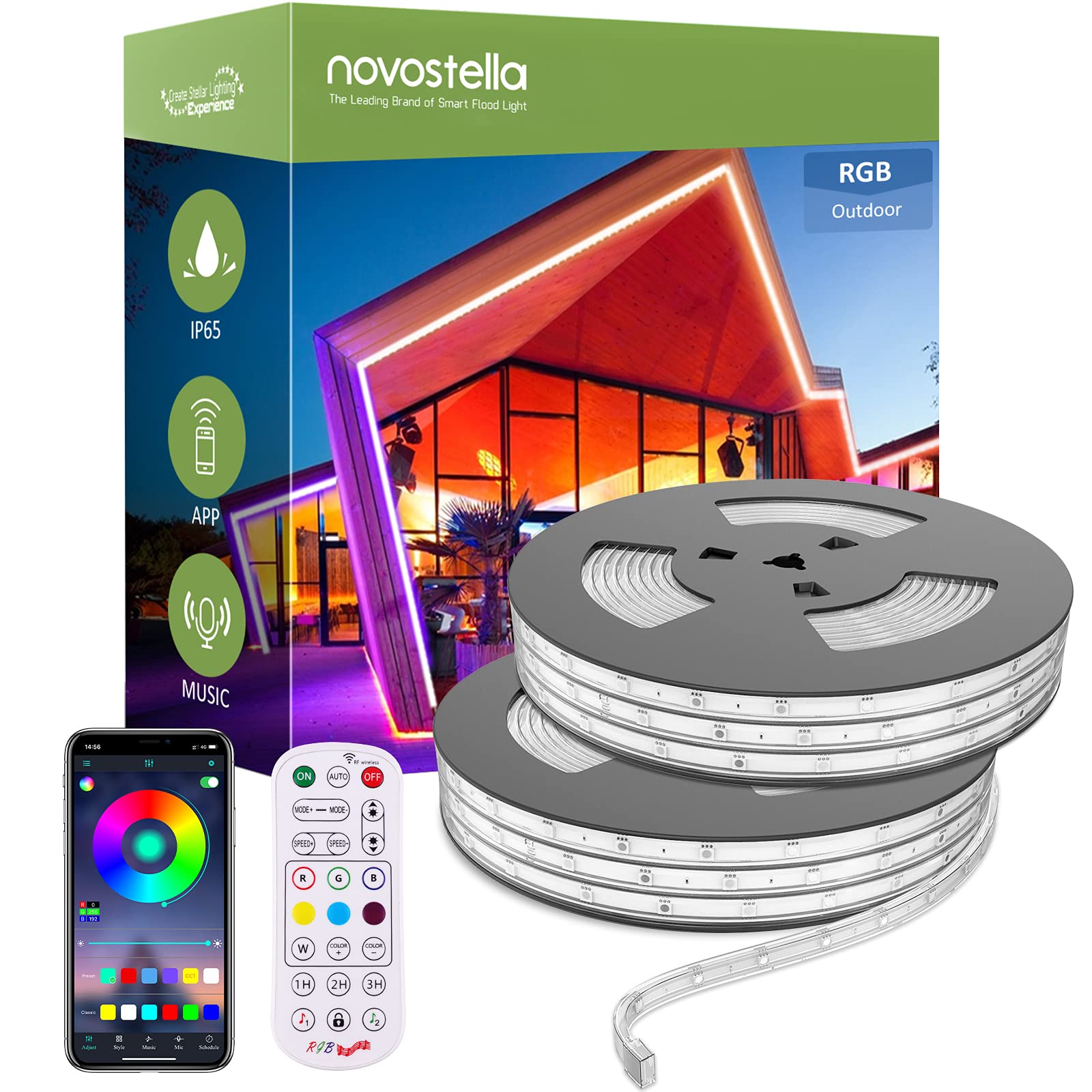 Novostella Smart Outdoor Rope Light, 105ft (52.5x2) Music Sync RGB LED Strip Lights, App Control and RF Remote Color Changing Dimmable Tape Exterio...