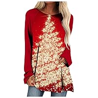 Women's Christmas Tunic Tops Shiny Christmas Tree Printed T Shirt Crewneck Long Sleeve Blouse Casual Loose Tee Shirts