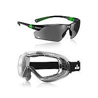 NoCry Safety Sunglasses with Green Tinted Lenses, UV 400 Protection. Adjustable, Black and Green & Safety Goggles with Anti Fog and Anti Scratch Coating; Vented Panoramic Lenses