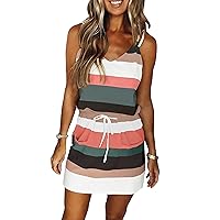 LLHXRUI Women Pocket Striped Strapless Bandeau Drawstring Mini Dress Sleeveless Summer Casual Tube Splicing Short Dresses (Large, Multicolor-1)