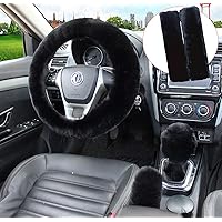 5pcs in 1 Set Faux Wool Steering Wheel Cover Soft Fluffy Handbrake Cover & Gear Shift Cover & 2pcs Seat Belt Shoulder Pads Warm Universal Fit for 15 Inch (Black)