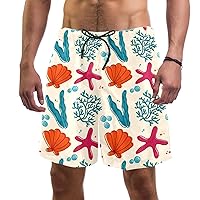 Coral Seagrass Starfish Quick Dry Swim Trunks Men's Swimwear Bathing Suit Mesh Lining Board Shorts with Pocket, L