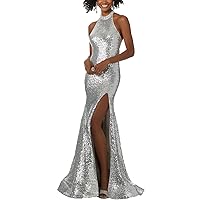 Sexy Halter Neck Backless Long Mermaid Sequin Navy Blue Silver Rose Gold Evening Dress