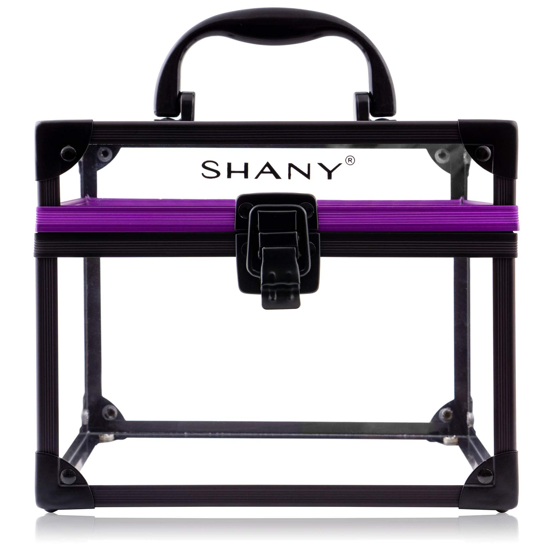 SHANY Clear Cosmetics and Toiletry Train Case - Large-Sized Travel Makeup Organizer with Secure Closure and Black/Purple Accents