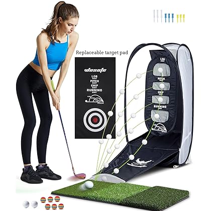 wosofe Golf Practice Hitting Net Indoor Backyard Home Chipping 2 Target and Ball Swing Training Aids Golfing Accuracy with A Tri-Turf Mat and Carry Bag Great Gifts for Dad Mom Husband Women Kid Golfers