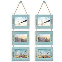 5x7 Hanging Picture Frames Collage Wall Decor, Photo Frames 5x7 Without Mat & 3.5x5 with Mat, Rustic Wood 3-Frame, Ocean Blue, 2-Pack