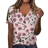 Shirts for Women,Button Down Shirts for Women V Neck Cold Shoulder Short Sleeve Tee Tops 2024 Boho Printing Tunic Blouse Short Sleeve Topf for Women