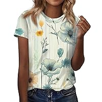 Summer Tops for Women 2024 Print Fashion Trendy Loose Fit Casual with Short Sleeve Round Neck Summer Shirts