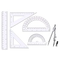 oxe Student Math Geometry Set,Drawing Compass 4 Inch and 6 Inch Clear Math Protractor Triangle Ruler 30/60 45/90 Degree and 8 Inch Ruler,Set of 6 Pcs