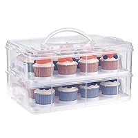 BTSKY 2 Tier Clear Plastic Cupcake Holder with Lid & Handles, Portable Cupcake Carrier for 24 Cupcakes, Stackable Cupcake Storage Container with Convenient Slot Tray Large Plastic Storage Box, White