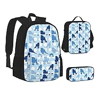 Blue Poodle Polka Dot Print Backpack 3 Pcs Set Travel Hiking Lightweight Water Laptop Pencil Case Insulated Lunch Bag