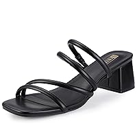IDIFU IN2 Strappy Heels for Women Low Chunky Block Square Toe Slip on Heels Wedding Party Dress Shoes Comfortable Slide Mules Heeled Sandals Open Toe Thick Heels