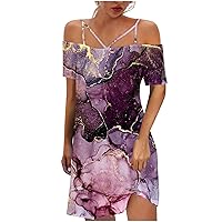 Women Cutout Spaghetti Strap Cold Shoulder Sheath Dress Fashion Marble Print Summer Short Sleeve Tunic Knee Dresses