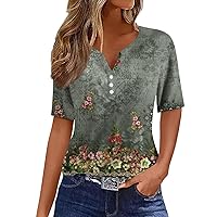 Women's Summer Tops Dressy Casual Short Sleeve Button Down Shirts V Neck Abstract Line Print Work Office Blouses