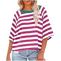 Festival Outfits for Women, Tops Striped T-Shirts Color Blocking Design Loose Basic Tee Crew Neck Shirt, S, XXL