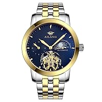 WhatsWatch Waterproof Skeleton Automatic Mens Watches Blue Dial Gold Tone Stainless Steel Sapphire Crystal