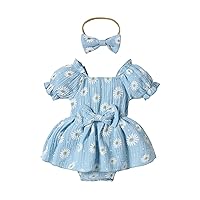 Newborn Baby Girl Clothes Daisy Romper Dress Short Sleeve Bowknot Bodysuit Onesie Summer Outfit with Headband