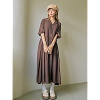 Summer Dresses for Women 2022 Button Front Roll Up Sleeve Smock Dress Dresses for Women (Color : Coffee Brown, Size : Large)