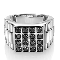 Gem Stone King Men's 925 Sterling Silver Round Black Diamond Ring (1.04 Cttw, Top Width 15MM, Available Sizes In 7,8,9,10,11,12,13)