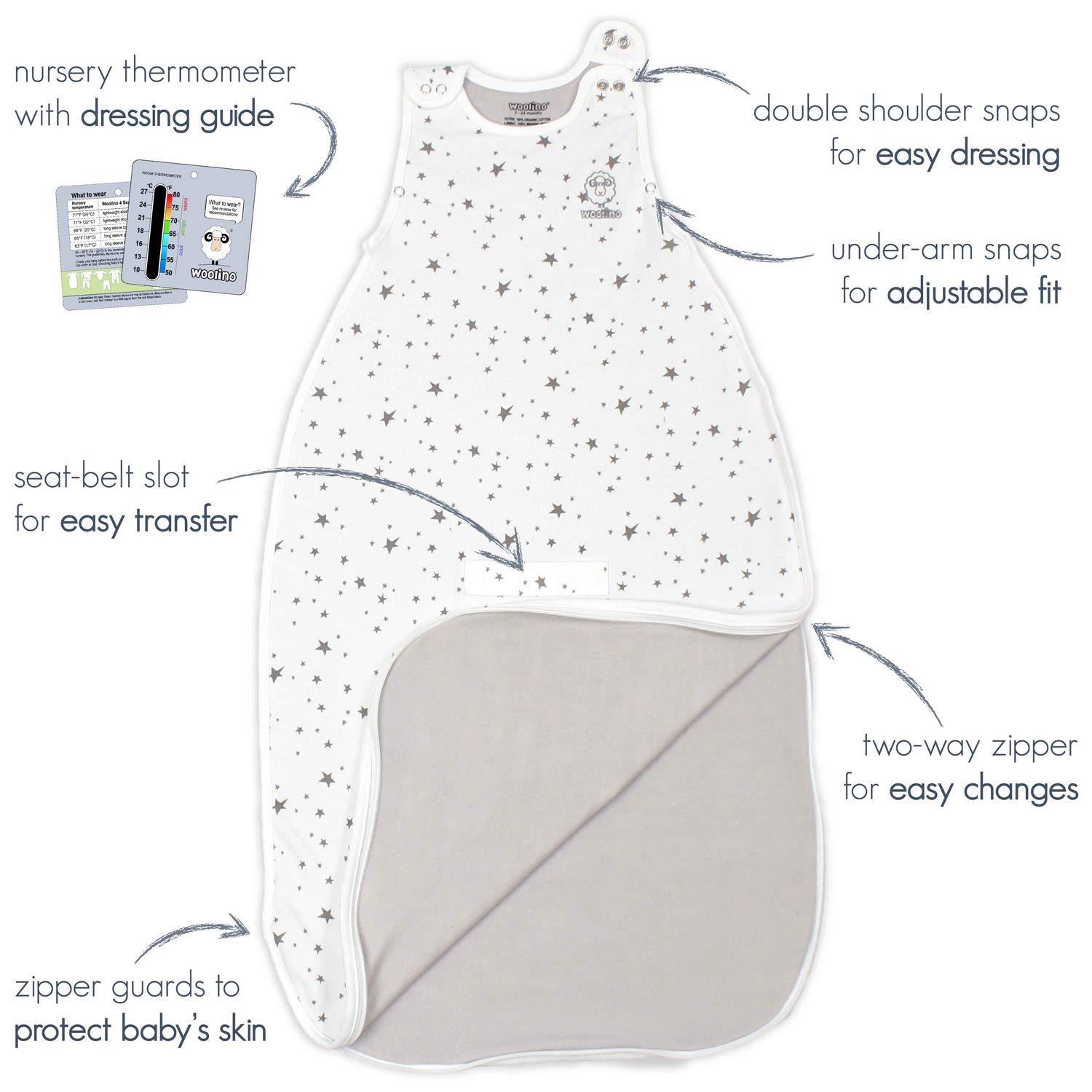 Woolino 4 Season Ultimate Baby Sleep Bag Sack - 2-24 Months Universal Size - Merino Wool - Birch Gray