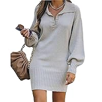 Women V Neck Knit Mini Sweater Dresses Casual Long Sleeve Loose Fit Solid Color Ribbed Hem Pullover Jumper Sweaters