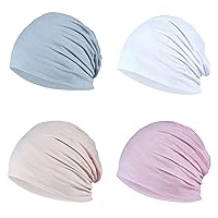 Summer Cotton Thin Beanies Soft Stretch Hip-Hop Sleep Caps for Men Women(4 Pack Gray & White & Beige & Light Pink)