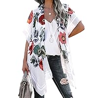 Chunoy Women Casual Summer Floral Print Short Sleeve Lightweight Open Front Midi Side Slit Chiffon Kimono Cover Up White
