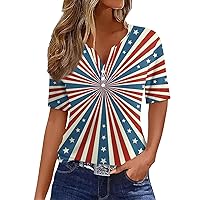 4Th of July Shirts Women Henley Tops V Neck Trendy Short Sleeve Blouses American Flag Tshirt Patriotic Tunic Blouse
